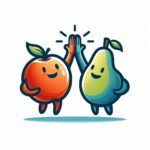 Una manzana y una pera saltando y haciendo high five
