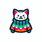 Un pequeño suéter colorido con patrones de huellas de gato y la silueta de un gato asomando por el cuello