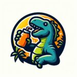 Un dinosaurio tomando un jugo de naranja
