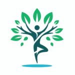 La silueta de una persona en posición de árbol (Vrksasana), con hojas creciendo de sus brazos extendidos