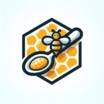 Una cucharada de miel con una abeja posada en el extremo, sobre un fondo de panal hexagonal