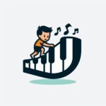 Un teclado de piano donde cada tecla es un escalón y un niño subiendo por él