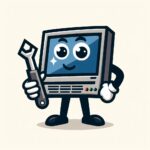 Una caricatura de computadora con un desarmador en la mano