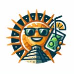 Un sol sonriente con gafas de sol y un mojito, detrás de una pirámide maya
