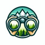 Un par de binoculares con el reflejo de un paisaje de montañas verdes en las lentes