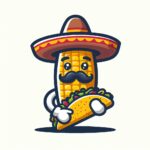 Un maíz con bigote y sombrero charro, sosteniendo un taco